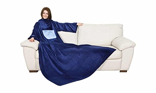 Kanguru Kuscheldecke mit ärmeln, Sofa Decke zum anziehen 210x140 cm, mit zentrale Tasche, weiche Flannel mikrofaser, tv tagesdecke, fleecedecke, tragbare und Oversize BLAU von Kanguru