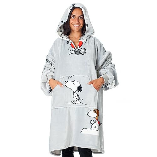 KANGURONE SNOOPY, Hoodie, Tragbare decke aus fleich mikrofaser, mit kapuze und tasche, geschenkideen für frauen und herren, oversized hoodie Hellgrau, 95X95 CM von Kanguru