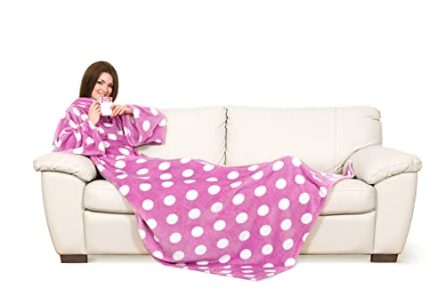 Kanguru Kuscheldecke mit ärmeln, Sofa Decke zum anziehen 210x140 cm, mit zentrale Tasche, weiche Flannel mikrofaser, tv tagesdecke, fleecedecke, tragbare und Oversize Pink Weiss Punkte von Kanguru