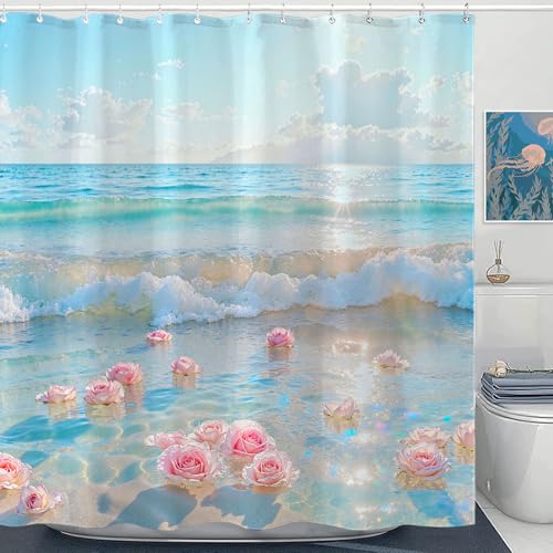 Kanuyee Romantisches Ozean-Duschvorhang-Set, schwimmende Rose, Blumendruck, wasserdicht, Badezimmer-Duschvorhang, ruhige Strandszene, Heimdekoration, 183 x 183 cm Kanuyee Romantisches Ozean-Duschvorhang-Set, schwimmende Rose, Blumendruck, wasserdicht, Badezimmer-Duschvorhang, ruhige Strandszene, Heimdekoration, 183 x 183 cm von Kanuyee