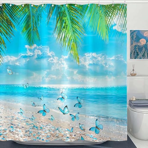 Kanuyee Tropischer Strand-Duschvorhang-Set, ruhiger Ozean-Landschaftsdruck, wasserdicht, Badezimmer-Duschvorhang, blauer Schmetterling-Paradies, Heimdekoration, 183 x 183 cm Kanuyee Tropischer Strand-Duschvorhang-Set, ruhiger Ozean-Landschaftsdruck, wasserdicht, Badezimmer-Duschvorhang, blauer Schmetterling-Paradies, Heimdekoration, 183 x 183 cm von Kanuyee
