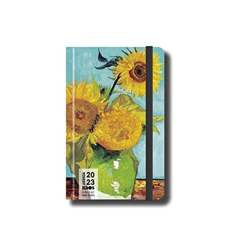 KAOS Wochenplaner 2023-12 Monate mit Planer - Pocket 9 x 14 cm - Leicht zu tragen - Fester Einband, flaches Gummiband, Lesezeichen, abgerundete Ecken - Van Gogh - Sonnenblumen, P000566 von Kaos