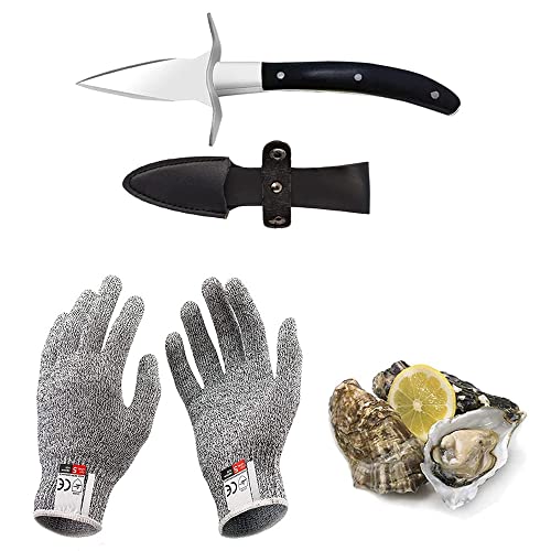 Austernmesser Oyster Knife Set Austernöffner Schnittfeste und Handschuhe für Muscheln Oder Hartkäse Geeignet Holzgriff Edelstahl (Schwarz, Medio/M) von Kaqisen