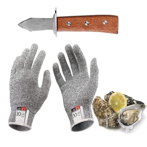 Austernmesser-Set, mit 6.7 Zoll Oyster Knife und Einem Paar Schnittfester Handschuhe der Klasse 5, Griff aus Eichenholz, Klasse A, Dreifach Vernietet, für Schalentiere oder Hartkäse von Kaqisen