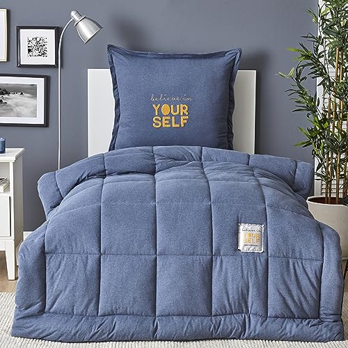 Karaca Motto Indigo 135X200 cm Baumwolle Komfort Schlafset, Kopfkissenbezug 80 cm x 80 cm, Steppdecke set, Spannbettlaken, Weiches und Stützendes, Bettdecke, Steppdecke von Karaca Home