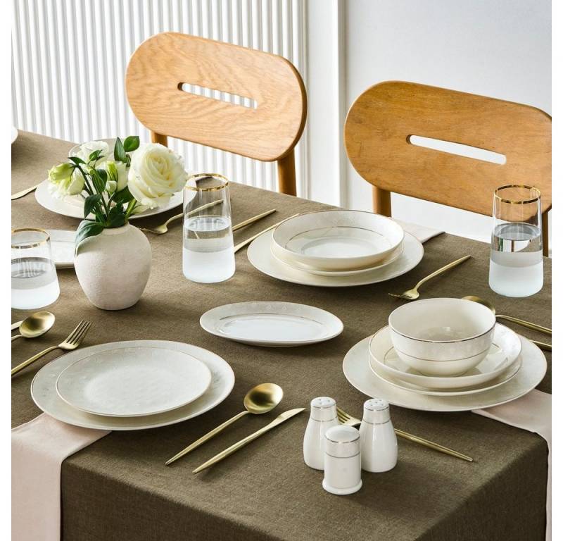 Karaca Geschirr-Set Karaca Elegance Bone Mandarin 53-teiliges Geschirrset für 12 Personen, Gold Kombigeschirr Tafelservice Tellerset Serviceteller von Karaca