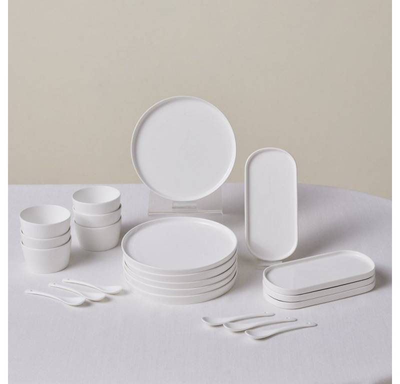 Karaca Geschirr-Set Karaca Forever Bone Bomo 22-Teiliges 6-Personen Frühstücksset, Geschirrset Porzellan Tafelservice Kombigeschirr Spülmaschinenfest von Karaca