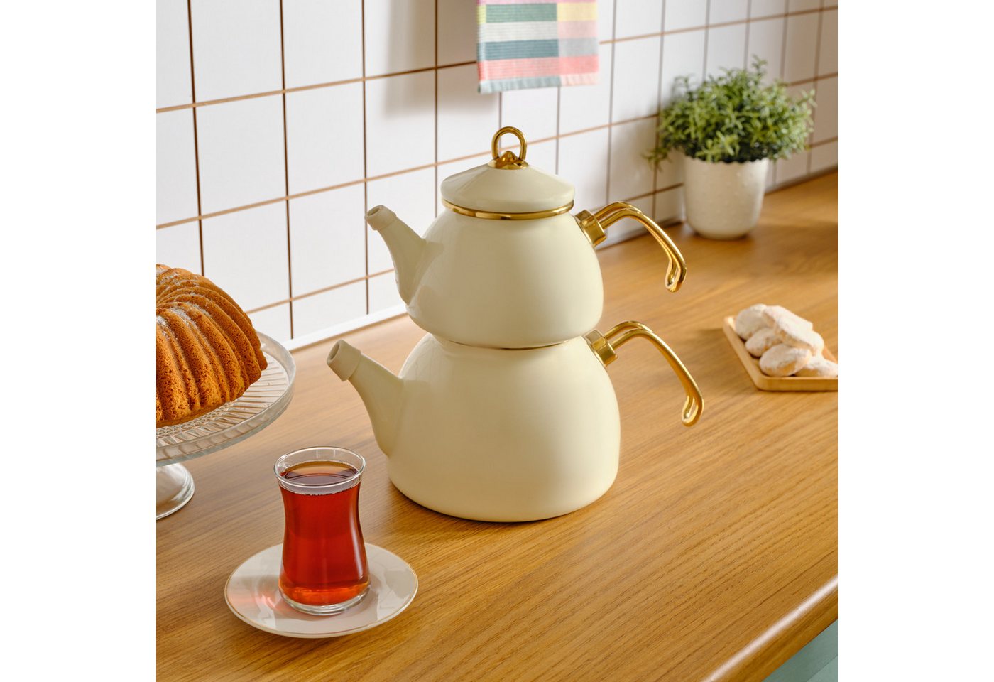 Karaca Teekanne Retro Emaille Teekannen Set, Creme Induktionsgeeignet Karaca Teekanne Retro Emaille Teekannen Set, Creme Induktionsgeeignet von Karaca
