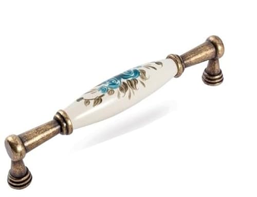 Karan Möbelgriff Gräfenhainichen, Zamak Porzellan antik beige Blumen Türkiesrose blau grün, 176 mm x 35 mm x 21 mm, LA 160 mm, A-204-CREAM-011-ANTIQUE-160 von Karan