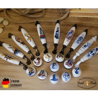 Möbelgriffe, Möbelknöpfe, Schrankgriffe Aus Porzellan, Handbemalt Im Maritimen Design, Bohrlochabstand 96mm-128mm von Karanbeschlaege