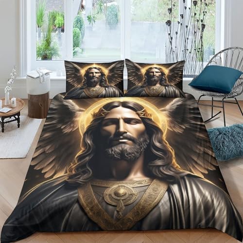 Jesus Bettbezug Für Kinder Mädchen Jungen 3D Gedruckter Jesus Christus Bettbezug Set Bettwäschegarnitur Bettwäsche Reissverschluss Und Kissenbezüge Double（200x200cm） von KardoL