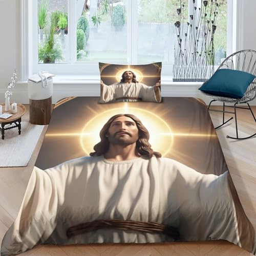 Jesus Bettwäschegarnitur Bettbezug Set 3D Gedruckter Jesus Christus Bettbezug Für Kinder Mädchen Jungen Und Kissenbezüge Bettwäsche Reissverschluss Single（135x200cm） von KardoL