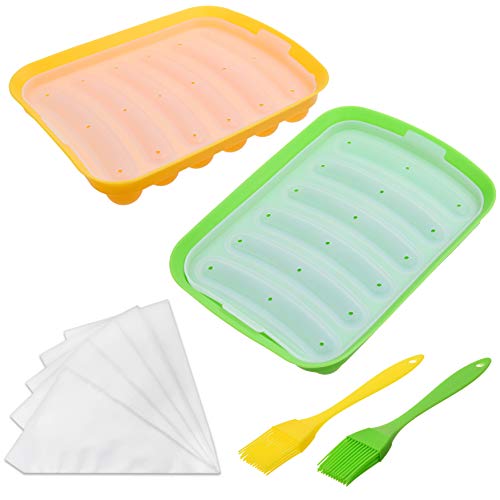 Kare & Kind 2x Silikon-Wurstformen - Flexibler Antihaft-Hotdog-Hersteller - 6-Kavitäten-Backkoch-Dampfbehälter - DIY-hausgemachte Würste - Enthält 2x Silikon-Minibürsten und 20x Spritzbeutel von Kare & Kind