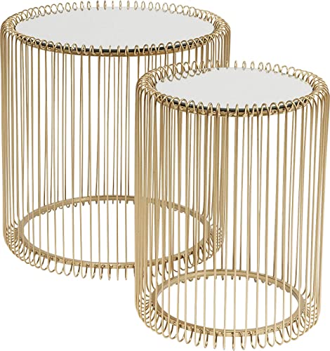 Kare Design Beistelltisch Wire (2/Set), Brass, 45cm Durchmesser, Beistelltisch, Nachttisch, Stahgestell, Glas Tischplatte, 46x45x45 cm (H/B/T) von Kare