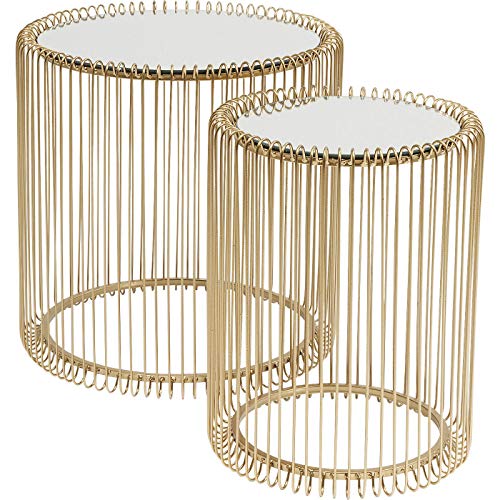 Kare Design Beistelltisch Wire (2/Set), Brass, 45cm Durchmesser, Beistelltisch, Nachttisch, Stahgestell, Glas Tischplatte verspiegelt, 46x45x45 cm (H/B/T), Gold von Kare