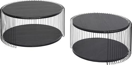 Kare Design Couchtisch Wire Double Wood 2er Set, Schwarz, 63cm Durchmesser,Wohnzimmertisch, Stahlgestell, Tischplatte aus Holz, Wohnzimmer, Rund, 34x70x70 cm (H/B/T) von Kare