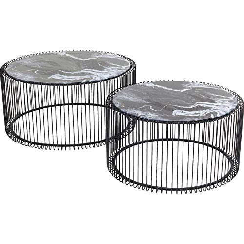 Kare Design Couchtisch Wire 2er Set Glas Marble Schwarz, runder, moderner Glastisch, großer Beistelltisch, Kaffeetisch mit Glasplatte in Marmoroptik, Nachttisch, (H/B/T) 30,5xØ60cm & 33,5xØ69,5cm von Kare