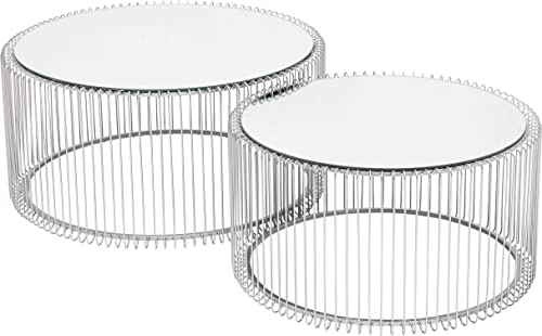 Kare Design Couchtisch Wire (2/Set), Silber, Couchtisch, Beistelltisch, Stahlgestell, Glas Tischplatte, 34x70x70 cm (H/B/T) von Kare