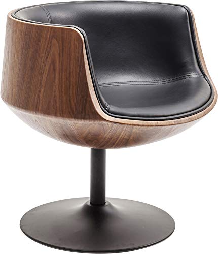 Kare Design Drehstuhl Club Walnut, drehbarer Sessel aus Kunstleder mit Rückenfläche in Holzfurnier Wallnuss, Tuplenfuß in schwarz, moderner Clubsessel (H/B/T) 75x62x61cm von Kare