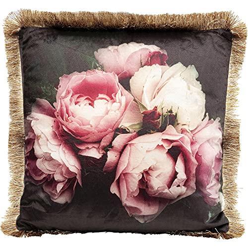 Kare Design Kissen Blush Roses, Sofakissen mit Fransenkanten, Dekokissen, mit Reißverschluss, 45x45cm, 51961, Schwarz/Bunt, 45x45x15cm von Kare