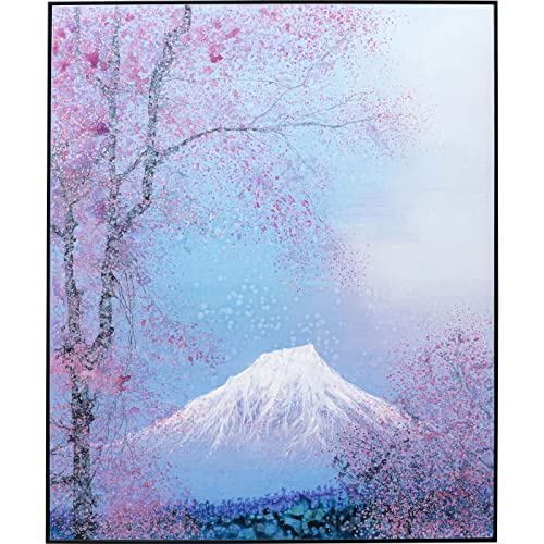 Kare Design Gerahmtes Bild Fuji Blau/Rosa, Massivholz Rahmen, handgemalte Details, Baumwollleinwand, Japan Flair, Kirschblüten, Wandbild, 120x100x5cm von Kare