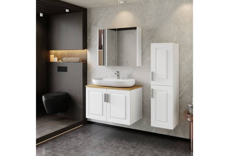 Karen Badmöbel-Set Badmöbel Set Arin Weiß Konsole, (4-St., Unterschrank mit Türen, Spiegelschrank mit Türen & Regalen), Landhaus-Stil, Matt-PVC-Beschichtung, Konsole, Aufsatzwaschbecken von Karen