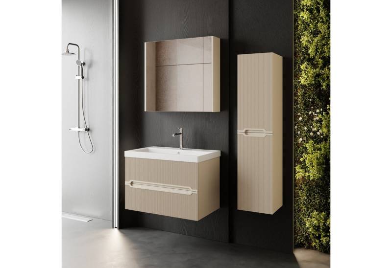 Karen Badmöbel-Set Badmöbel Set Bella, (Komplett-Set, Standartmäßig 3-Teilig (Unterschrank, Spiegelschrank, Waschbecken), 3-St., Der Lieferumfang umfasst Unterschrank, Spiegelschrank und Waschbecken), Kaschmirbeige, Riffeloptik, Griffmulden, Softclose von Karen