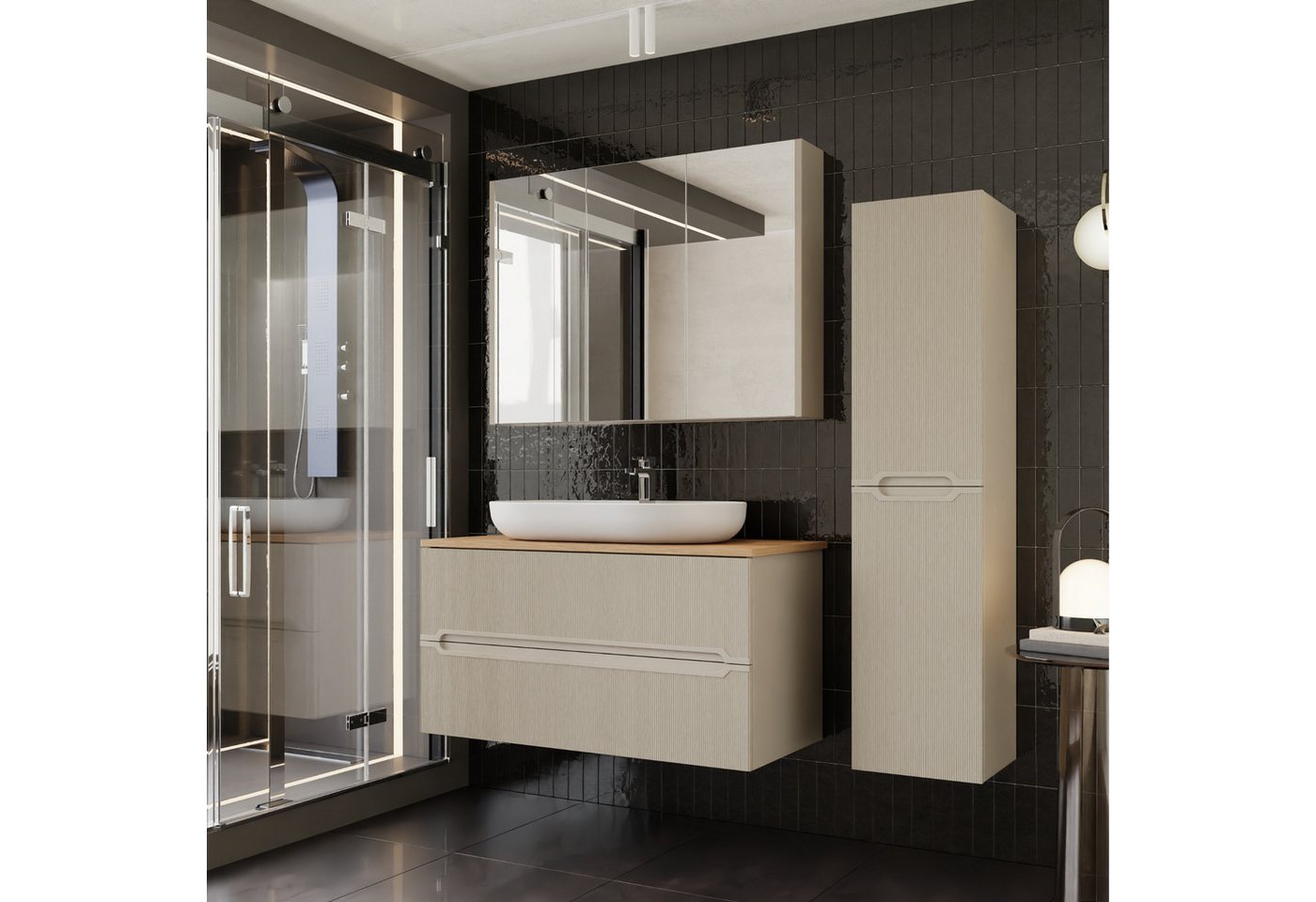 Karen Badmöbel-Set Badmöbel Set Bella, (Komplett-Set, Standartmäßig 4-Teilig (Unterschrank, Konsole, Waschbecken, Spiegelschrank), 4-St., Unterschrank mit Schubladen, Spiegelschrank mit Türen & Regalen), Kaschmirbeige, Riffeloptik, Griffmulden, Konsole, Aufsatzwaschbecken von Karen