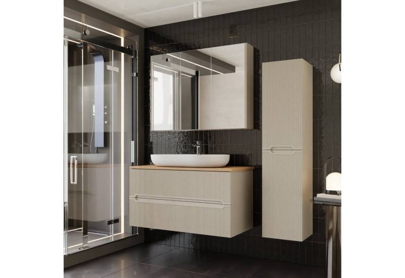 Karen Badmöbel-Set Badmöbel Set Bella, (Komplett-Set, Standartmäßig 4-Teilig (Unterschrank, Konsole, Waschbecken, Spiegelschrank), 4-St., Unterschrank mit Schubladen, Spiegelschrank mit Türen & Regalen), Kaschmirbeige, Riffeloptik, Griffmulden, Konsole, Aufsatzwaschbecken von Karen