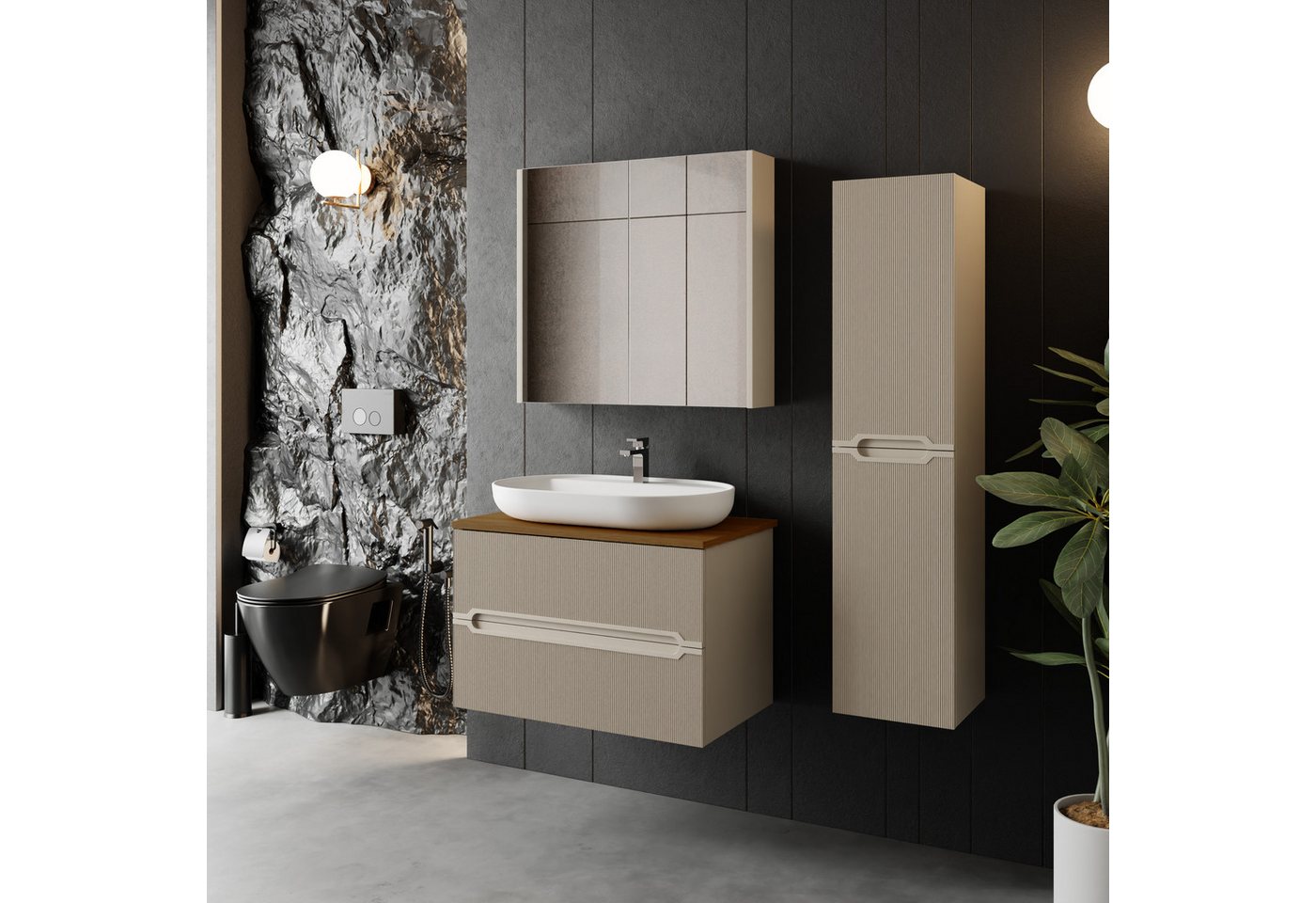 Karen Badmöbel-Set Badmöbel Set Bella, (Komplett-Set, Standartmäßig 4-Teilig (Unterschrank, Konsole, Waschbecken, Spiegelschrank), 4-St., Unterschrank mit Schubladen, Spiegelschrank mit Türen & Regalen), Kaschmirbeige, Riffeloptik, Griffmulden, Konsole, Aufsatzwaschbecken von Karen