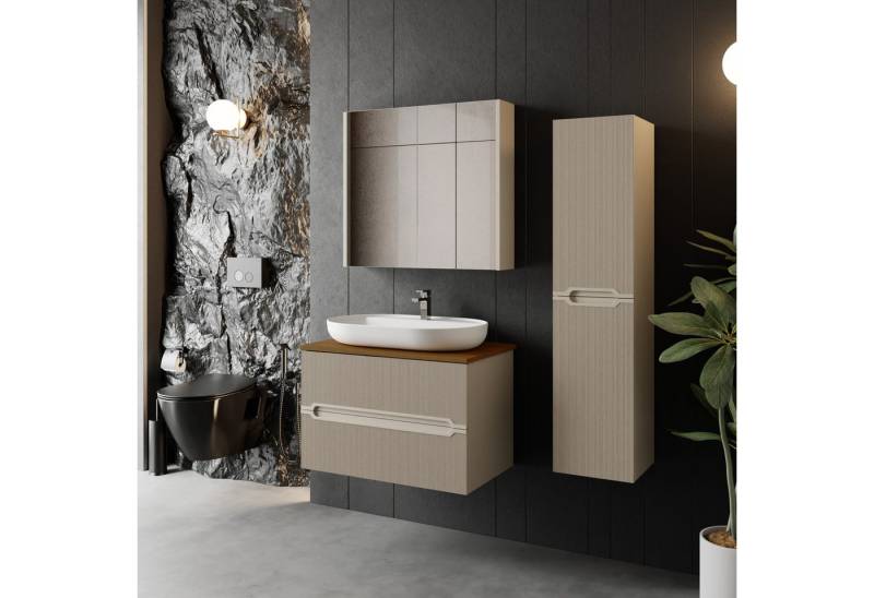 Karen Badmöbel-Set Badmöbel Set Bella, (Komplett-Set, Standartmäßig 4-Teilig (Unterschrank, Konsole, Waschbecken, Spiegelschrank), 4-St., Unterschrank mit Schubladen, Spiegelschrank mit Türen & Regalen), Kaschmirbeige, Riffeloptik, Griffmulden, Konsole, Aufsatzwaschbecken von Karen