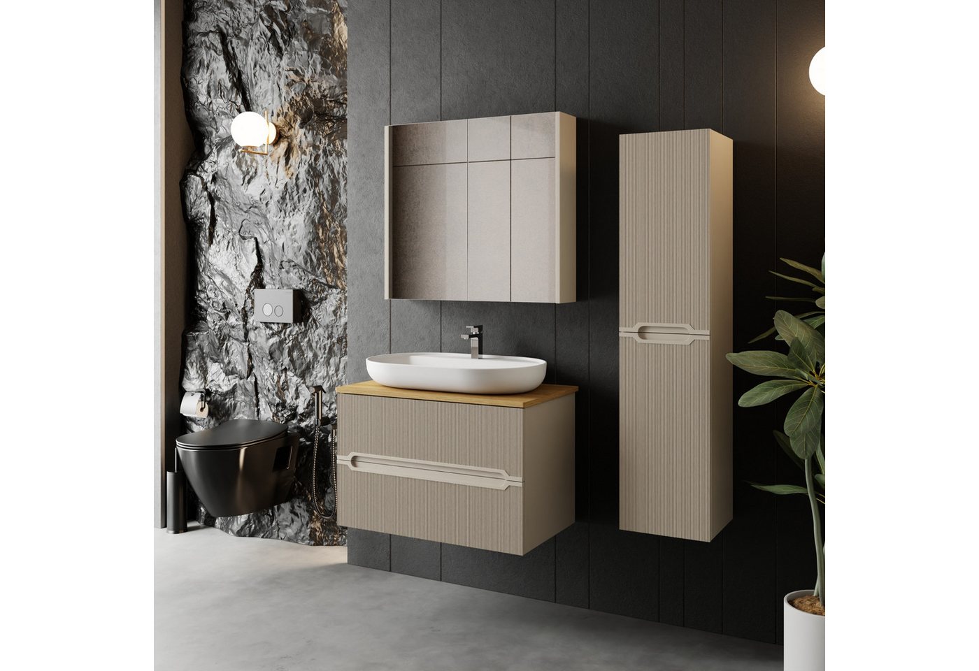 Karen Badmöbel-Set Badmöbel Set Bella, (Komplett-Set, Standartmäßig 4-Teilig (Unterschrank, Konsole, Waschbecken, Spiegelschrank), 4-St., Unterschrank mit Schubladen, Spiegelschrank mit Türen & Regalen), Kaschmirbeige, Riffeloptik, Griffmulden, Konsole, Aufsatzwaschbecken von Karen