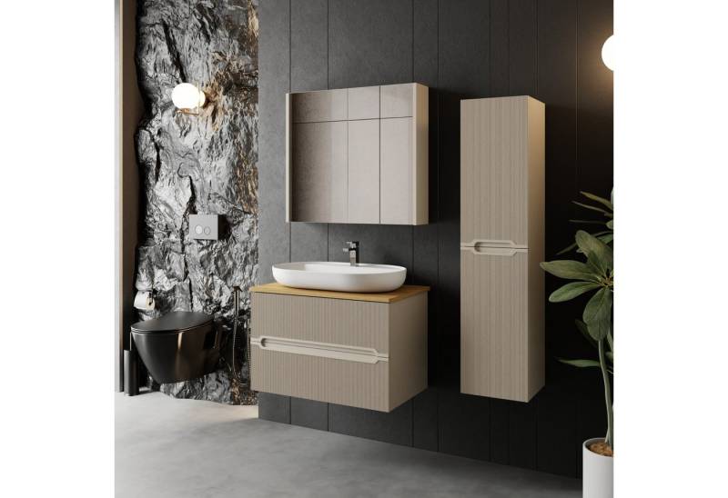 Karen Badmöbel-Set Badmöbel Set Bella, (Komplett-Set, Standartmäßig 4-Teilig (Unterschrank, Konsole, Waschbecken, Spiegelschrank), 4-St., Unterschrank mit Schubladen, Spiegelschrank mit Türen & Regalen), Kaschmirbeige, Riffeloptik, Griffmulden, Konsole, Aufsatzwaschbecken von Karen