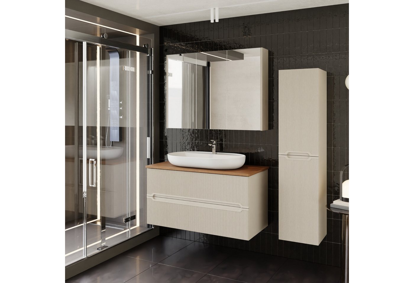 Karen Badmöbel-Set Badmöbel Set Bella, (Komplett-Set, Standartmäßig 4-Teilig (Unterschrank, Konsole, Waschbecken, Spiegelschrank), 4-St., Unterschrank mit Schubladen, Spiegelschrank mit Türen & Regalen), Kaschmirbeige, Riffeloptik, Griffmulden, Konsole, Aufsatzwaschbecken von Karen