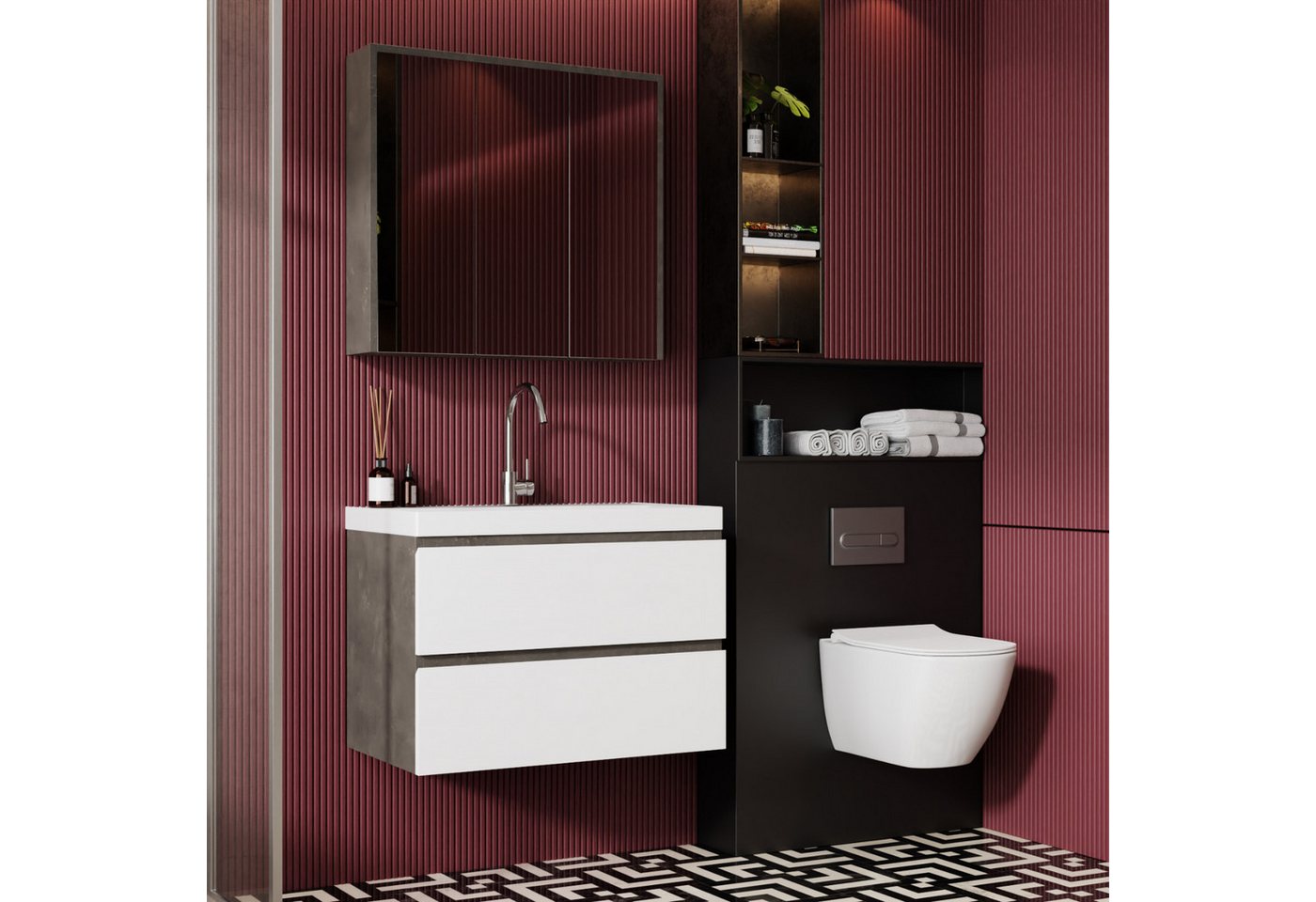 Karen Badmöbel-Set Badmöbel Set Beta 80, (Komplett-Set, 3-Teilig (Unterschrank, Spiegelschrank, Waschbecken), 3-St., Unterschrank mit Schubladen, Spiegelschrank mit Türen & Regalen), Retro Design, Softclose Schubladen, Griffleisten von Karen