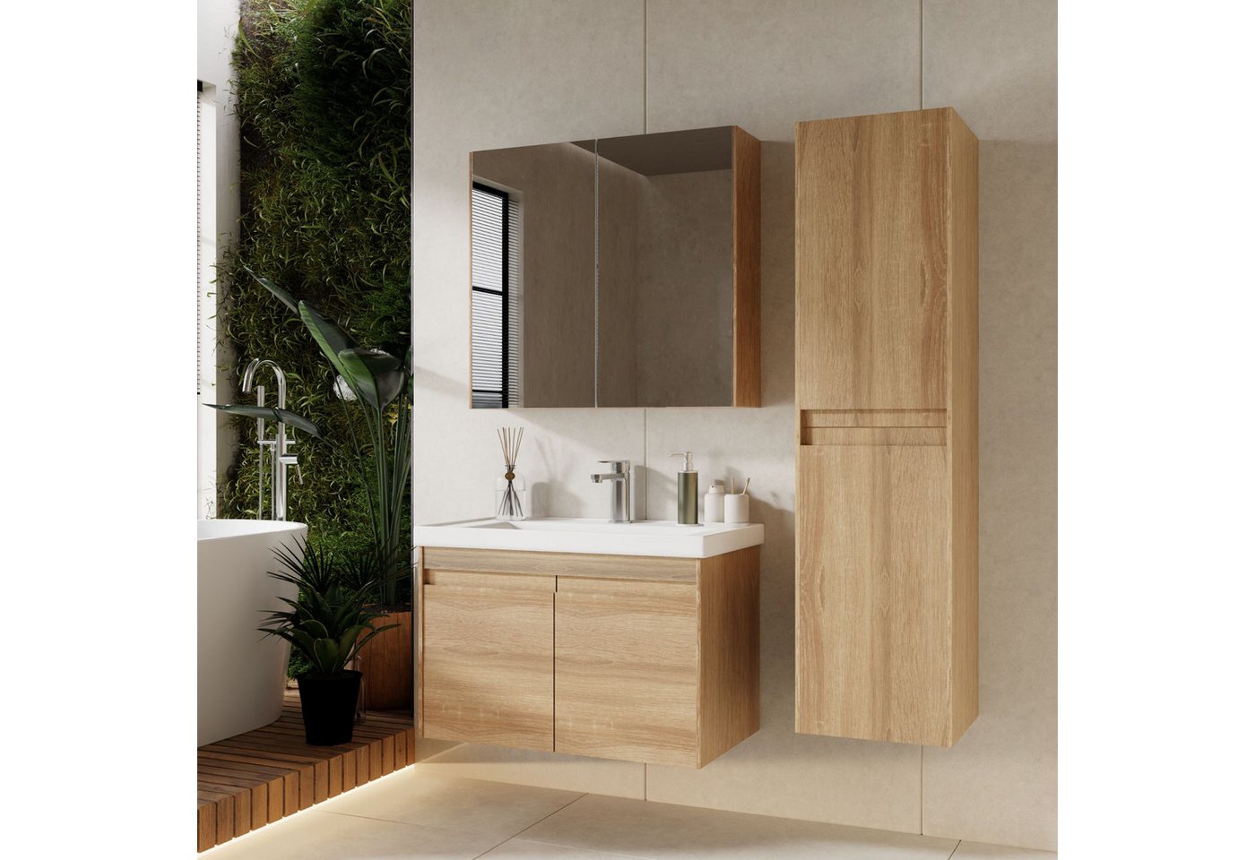 Karen Badmöbel-Set Badmöbel Set City 100, (Komplett-Set, Standartmäßig 3-Teilig (Unterschrank, Spiegelschrank, Waschbecken), Optionaler Hochschrank, 3-St., Unterschrank mit Türen, Spiegelschrank mit Türen & Regalen), Naturstil, Matt-PVC-Beschichtung, Softclose von Karen