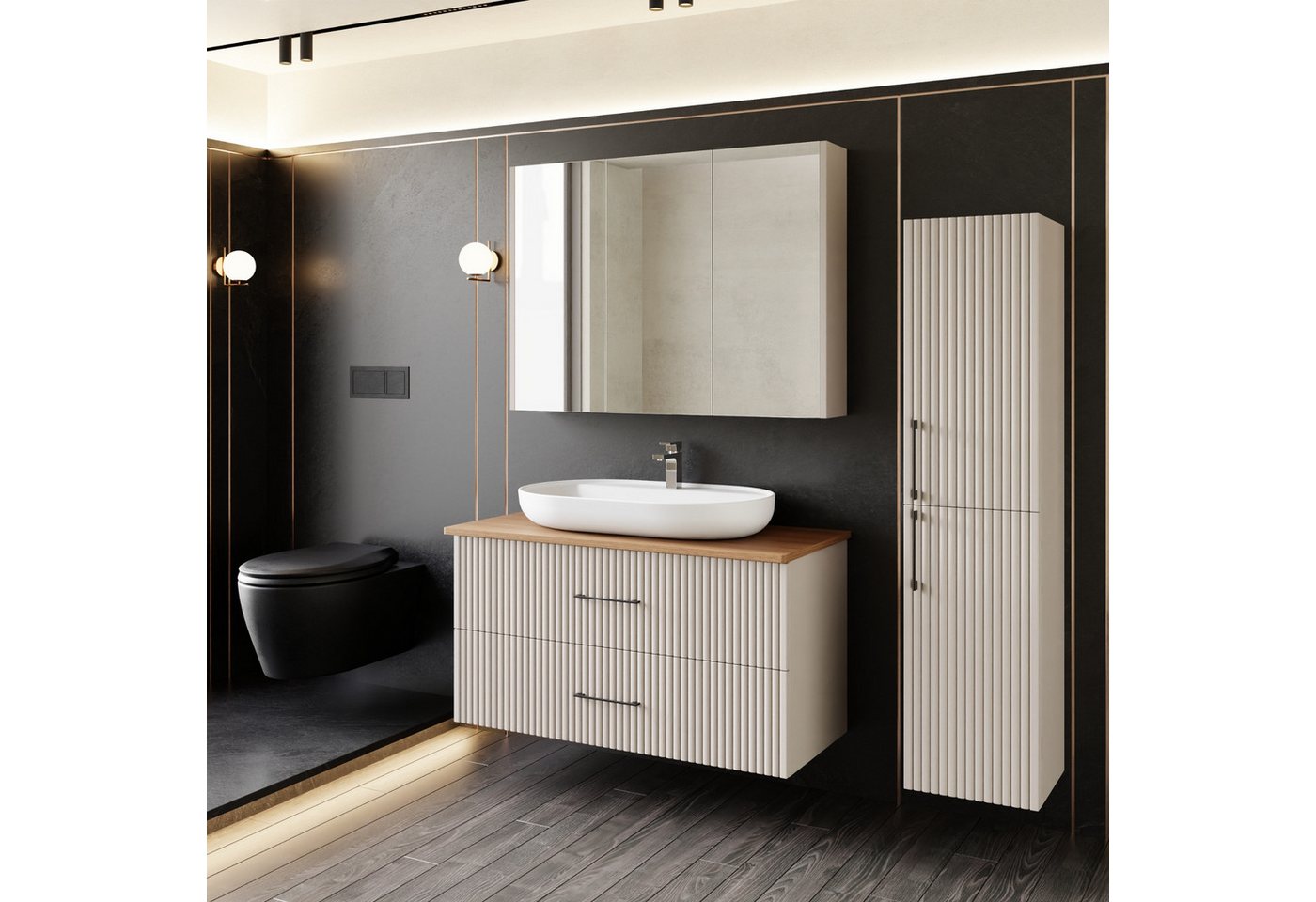 Karen Badmöbel-Set Badmöbel Set Liana, (Komplett-Set, Standartmäßig 4-Teilig (Unterschrank, Konsole, Waschbecken, Spiegelschrank), 3-St., Unterschrank mit Türen, Spiegelschrank mit Türen & Regalen), Pastellfarben, Riffeloptik, Bügelgriffe, Konsole, Aufsatzwaschbecken von Karen