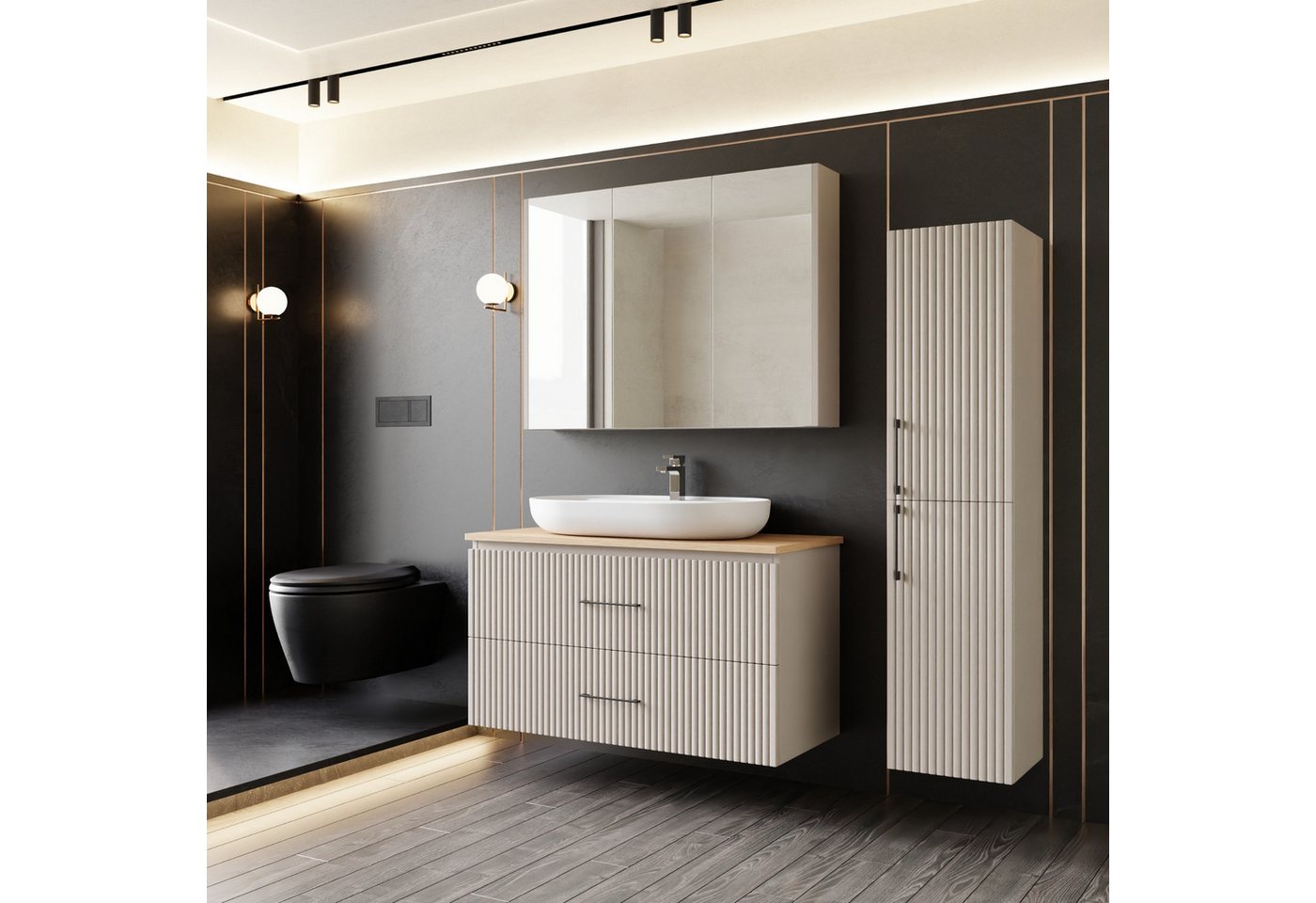 Karen Badmöbel-Set Badmöbel Set Liana, (Komplett-Set, Standartmäßig 4-Teilig (Unterschrank, Konsole, Waschbecken, Spiegelschrank), 3-St., Unterschrank mit Türen, Spiegelschrank mit Türen & Regalen), Pastellfarben, Riffeloptik, Bügelgriffe, Konsole, Aufsatzwaschbecken von Karen