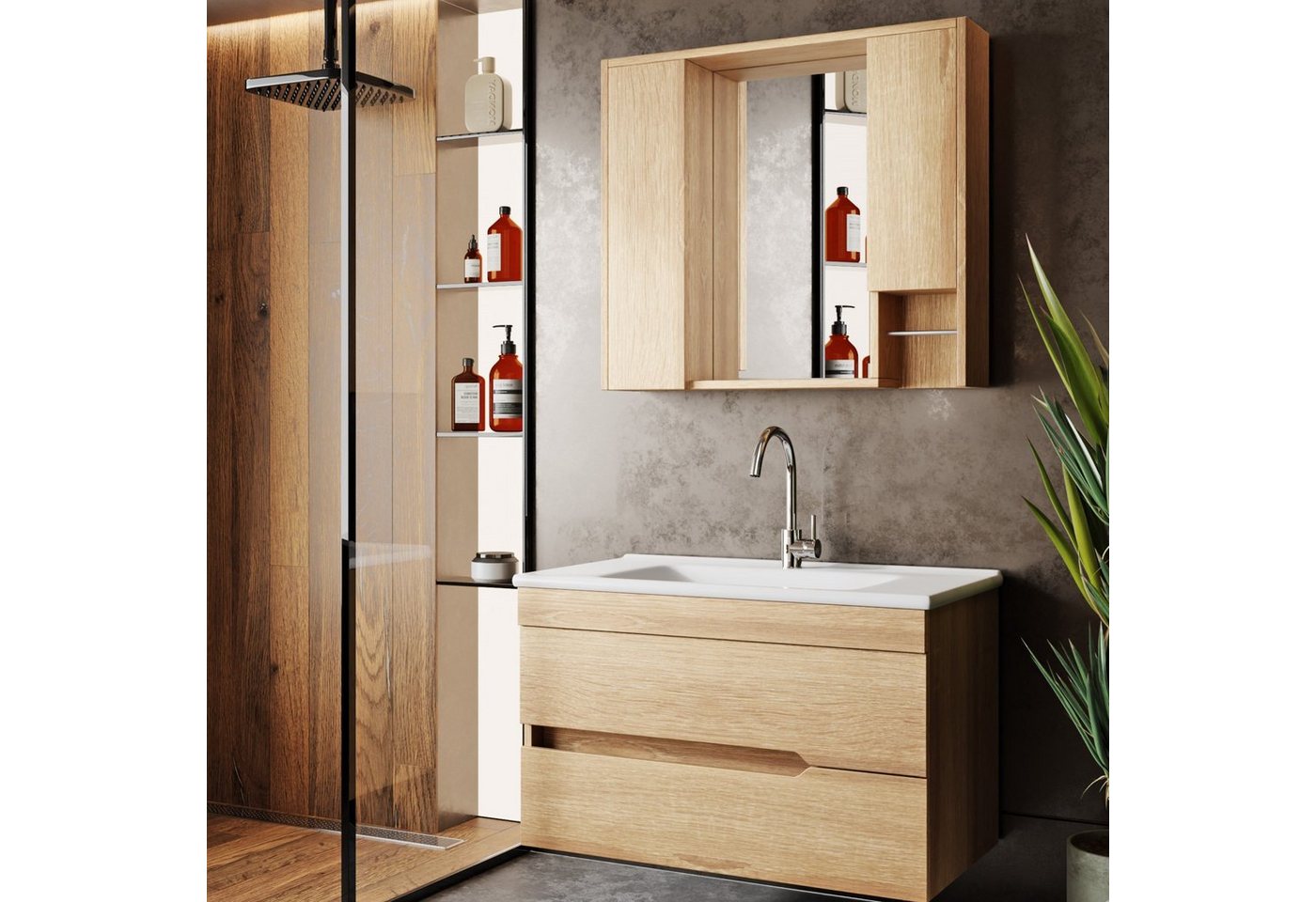 Karen Badmöbel-Set Badmöbel Set Marmara Eiche 65, (Komplett-Set, 3-Teilig (Unterschrank, Spiegelschrank, Waschbecken), 3-St., Unterschrank mit Schubladen, Spiegel mit Regalen, Keramikwaschbecken), Innovatives Design, MDF Lam, Softclose, Funktionalität von Karen