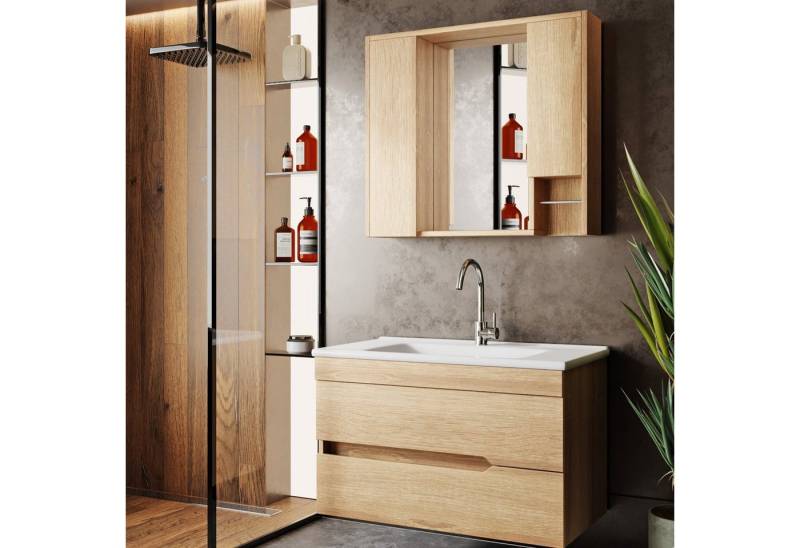Karen Badmöbel-Set Badmöbel Set Marmara Eiche 65, (Komplett-Set, 3-Teilig (Unterschrank, Spiegelschrank, Waschbecken), 3-St., Unterschrank mit Schubladen, Spiegel mit Regalen, Keramikwaschbecken), Innovatives Design, MDF Lam, Softclose, Funktionalität von Karen