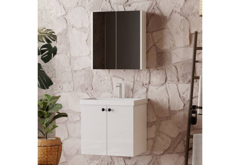 Karen Badmöbel-Set Badmöbel Set Mimoza, (Komplett-Set, Standartmäßig 3-Teilig (Unterschrank, Spiegelschrank, Waschbecken), 3-St., Der Lieferumfang umfasst Unterschrank, Spiegelschrank und Waschbecken), Weiße Hochglanzoptik, Knopfgriffe, Softclose von Karen
