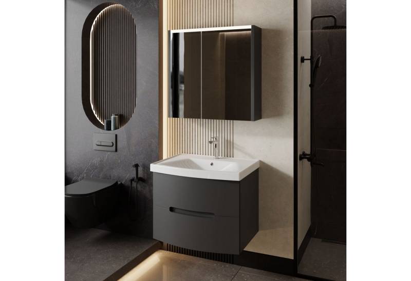 Karen Badmöbel-Set Badmöbel Set Royal Anthrazit, (Komplett-Set, 3-Teilig (Unterschrank, Spiegelschrank, Waschbecken), 3-St., Unterschrank mit Schubladen, LED Spiegelschrank mit Türen & Regalen), Geschwungenes Design, Acryl-Beschichtung, Softclose, Griffmulden von Karen
