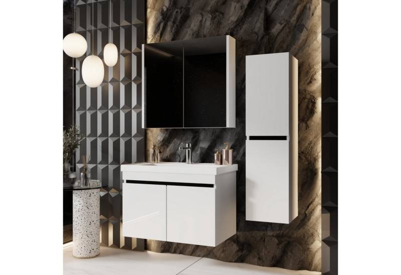 Karen Badmöbel-Set Badmöbel Set Venus, (Komplett-Set, Standartmäßig 3-Teilig (Unterschrank, Spiegelschrank, Waschbecken), Optionaler Hochschrank, 3-St., Unterschrank mit Türen, Spiegelschrank mit Türen & Regalen), Futuristisches Design, Highgloss-Beschichtung, Softclose, Griffleisten von Karen