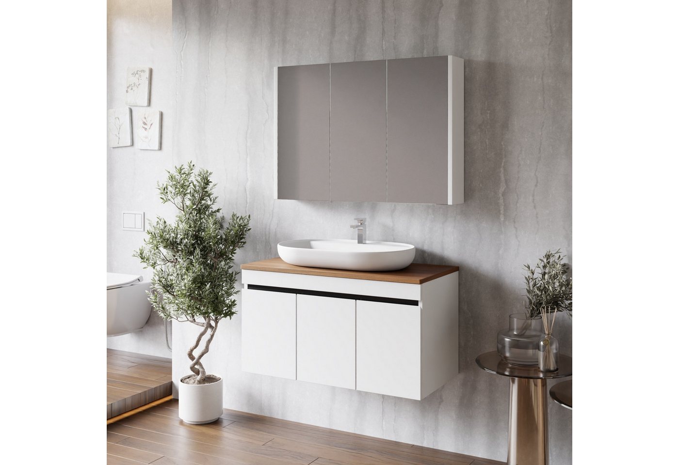 Karen Badmöbel-Set Badmöbel Set Venus, (Komplett-Set, Standartmäßig 4-Teilig (Unterschrank, Konsole, Spiegelschrank, Waschbecken), Optionaler Hochschrank, 4-St., Unterschrank mit Türen, Spiegelschrank mit Türen & Regalen), Futuristisches Design, Highgloss-Beschichtung, Softclose, Griffleisten von Karen