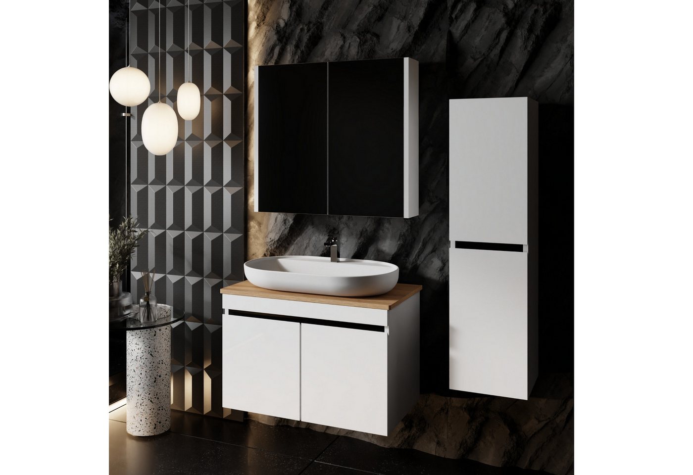 Karen Badmöbel-Set Badmöbel Set Venus, (Komplett-Set, Standartmäßig 4-Teilig (Unterschrank, Konsole, Spiegelschrank, Waschbecken), Optionaler Hochschrank, 4-St., Unterschrank mit Türen, Spiegelschrank mit Türen & Regalen), Futuristisches Design, Highgloss-Beschichtung, Softclose, Griffleisten von Karen