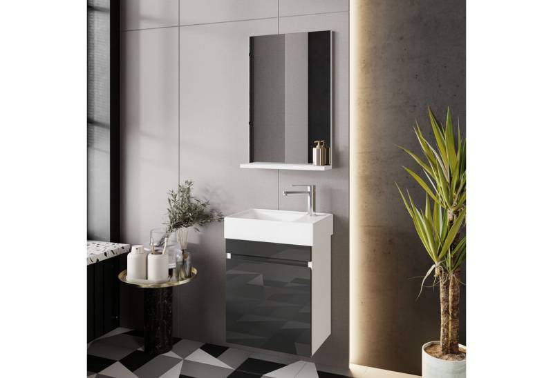 Karen Badmöbel-Set Badmöbel Set Venus Anthrazit 45, (Komplett-Set, Standartmäßig 3-Teilig (Unterschrank, Spiegelregal, Waschbecken), Optionaler Hochschrank, 3-St., Unterschrank mit Türen, Spiegelregal), Futuristisches Design, Highgloss-Beschichtung, Softclose, Griffleisten von Karen