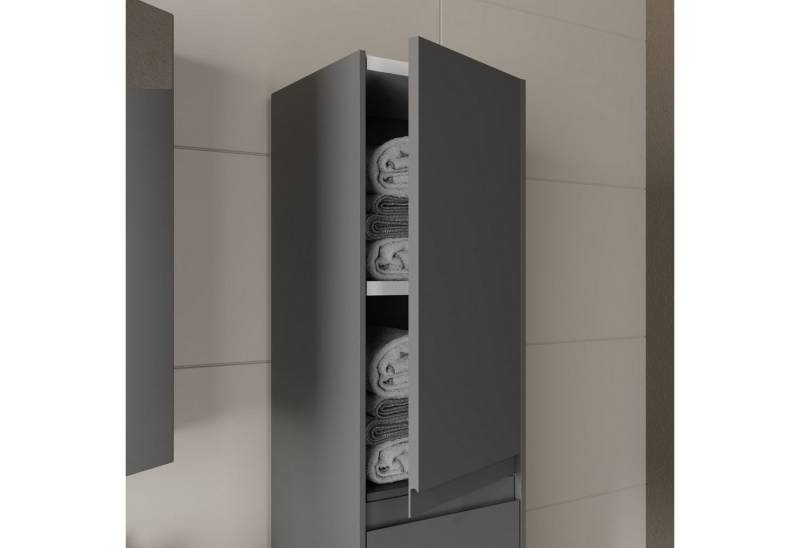 Karen Badmöbel-Set Hochschrank Lara, (Komplett-Set, Standartmäßig 3-Teilig (Unterschrank, Spiegelschrank, Waschbecken), Optionaler Hochschrank, 1-St., Unterschrank mit Schubladen, Spiegelschrank mit Türen & Regalen), Minimalistisch, Geradlinig, Matt-Beschichtung, Softclose, Griffleisten von Karen