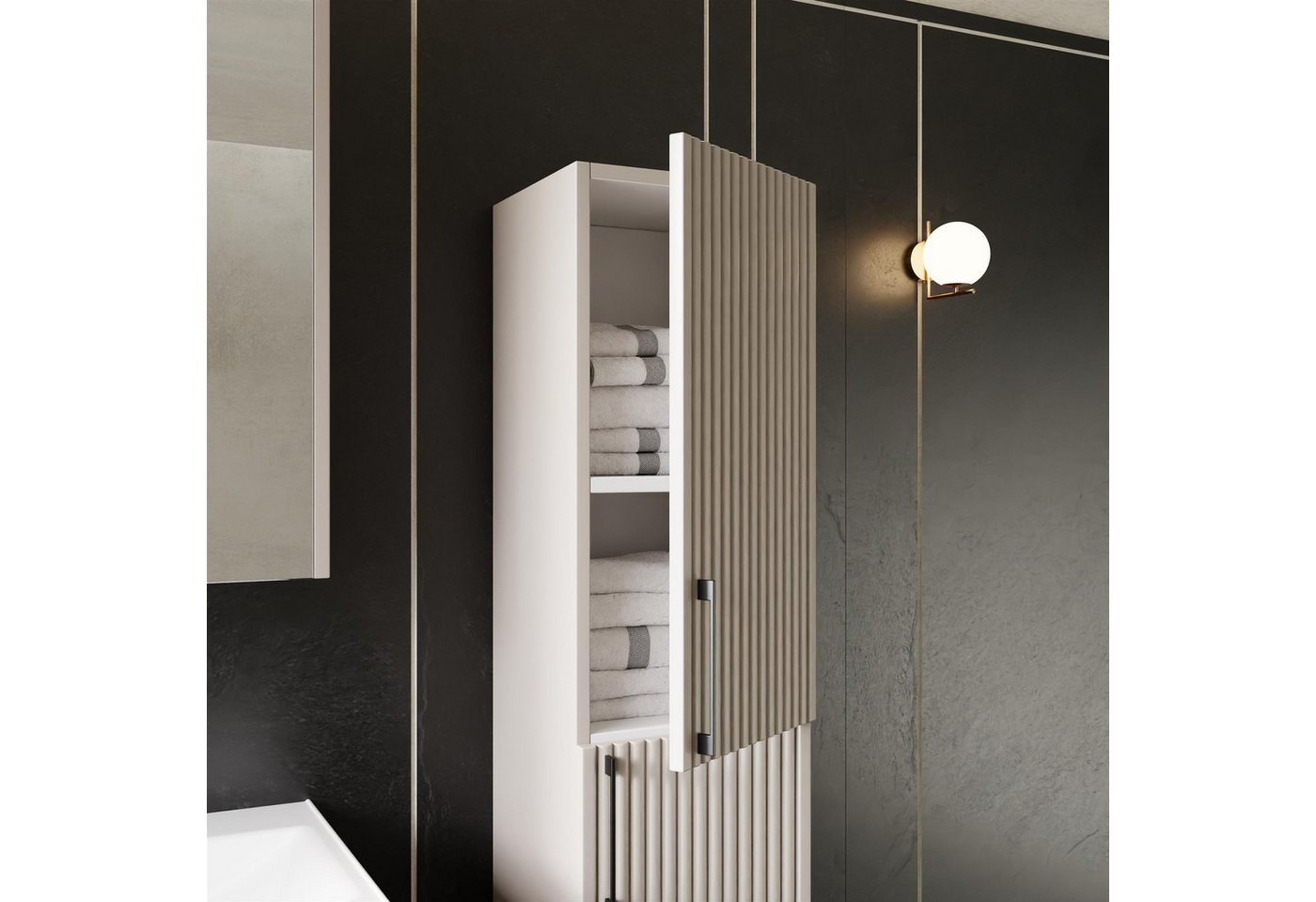 Karen Badmöbel-Set Hochschrank Liana, (Optionaler Hochschrank, 1-St., Hochschrank mit Türen & Regalen), Pastellfarben, Riffeloptik, Bügelgriffe, Softclose von Karen