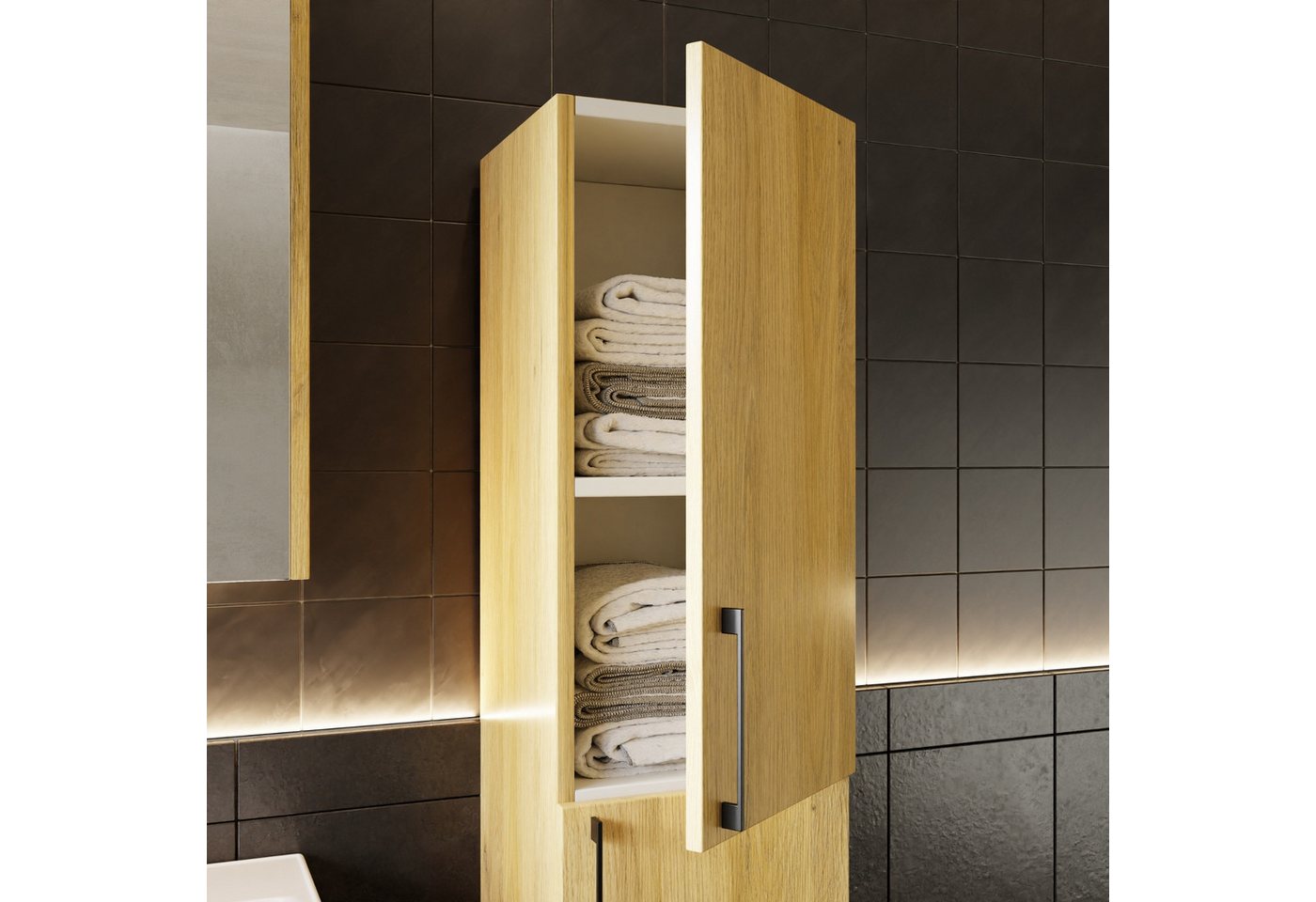 Karen Badmöbel-Set Hochschrank Verona, (Optionaler Hochschrank, 1-St., Hochschrank mit Türen & Regalen), Holzfurnier, Bügelgriffe, Natürliches Design, Softclose von Karen