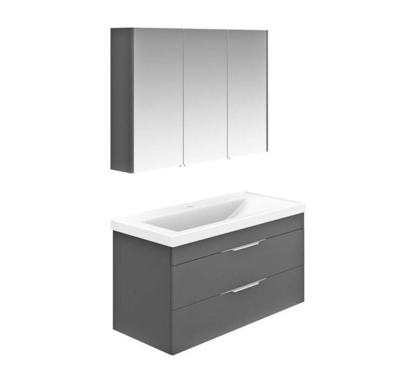 Karen Badmöbel-Set Badmöbel Set Lotus 100 cm, (Komplett-Set, Standartmäßig 3-Teilig (Unterschrank, Spiegelschrank, Waschbecken), Optionaler Hochschrank, Unterschrank mit Schubladen, Spiegelschrank mit Türen & Regalen), Innovatives Design, Highgloss, Softclose, Griffleisten (Lip Griffe) von Karen